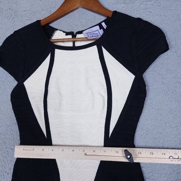 Herve Leger Akira Dress Women's XS Black White Colorblock Bandage Bodycon Fitted - Picture 7 of 10